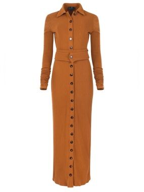 Long-Sleeve Ribbed Maxi Dress with Belt in Caramel